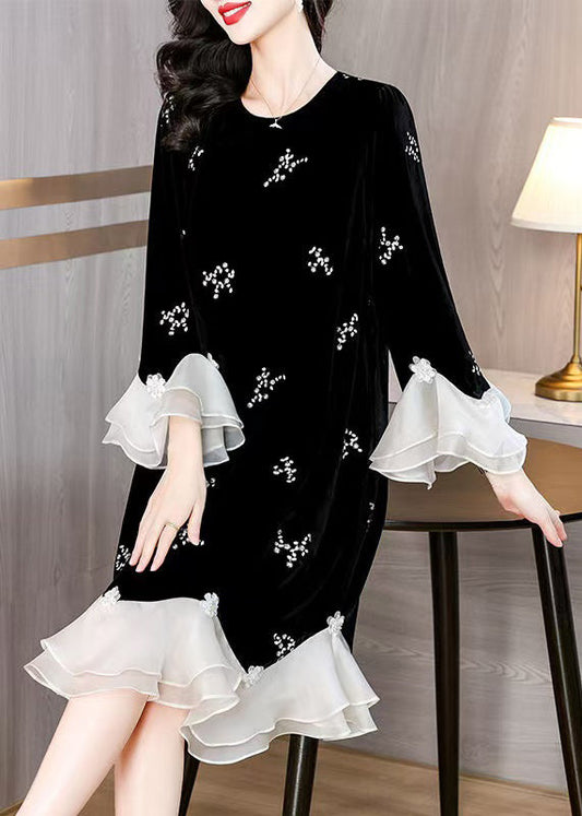 Loose Black Embroidered Patchwork Silk Velour Dress Flare Sleeve Spring