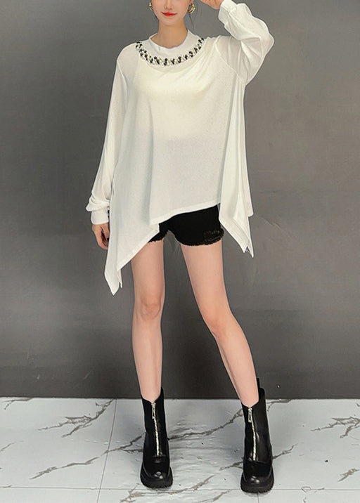 White O-neck Asymmetrical Cotton T Shirt Top Fall
