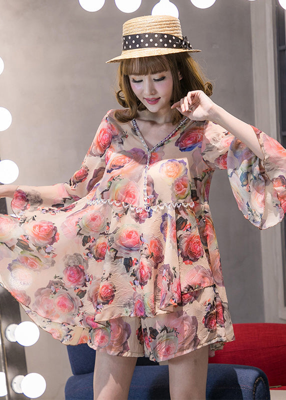 Orange Pink Patchwork Chiffon Top Hot Pants Two Pieces Set Flare Sleeve