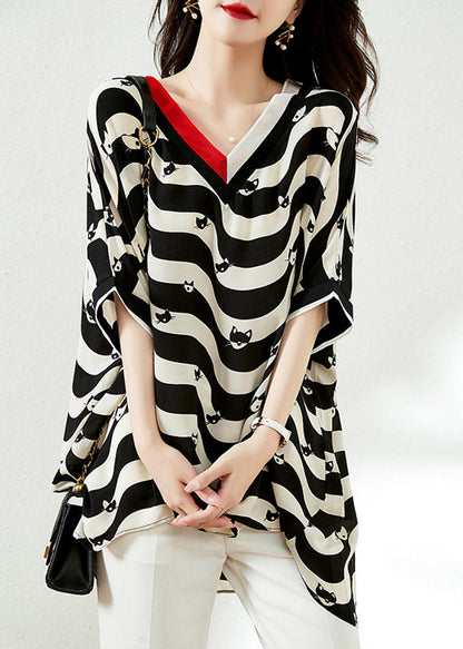 Black V Neck Striped Low High Design Chiffon Tops Half Sleeve