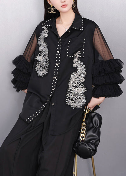 Black Rhinestone Hollow Out Chiffon Blouse Tops Flare Sleeve