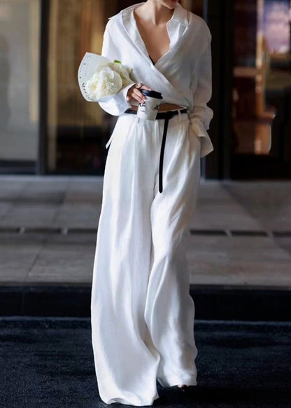 Natural White Peter Pan Collar High Waist Linen Shirts and Pants Two Pieces Set Long Sleeve