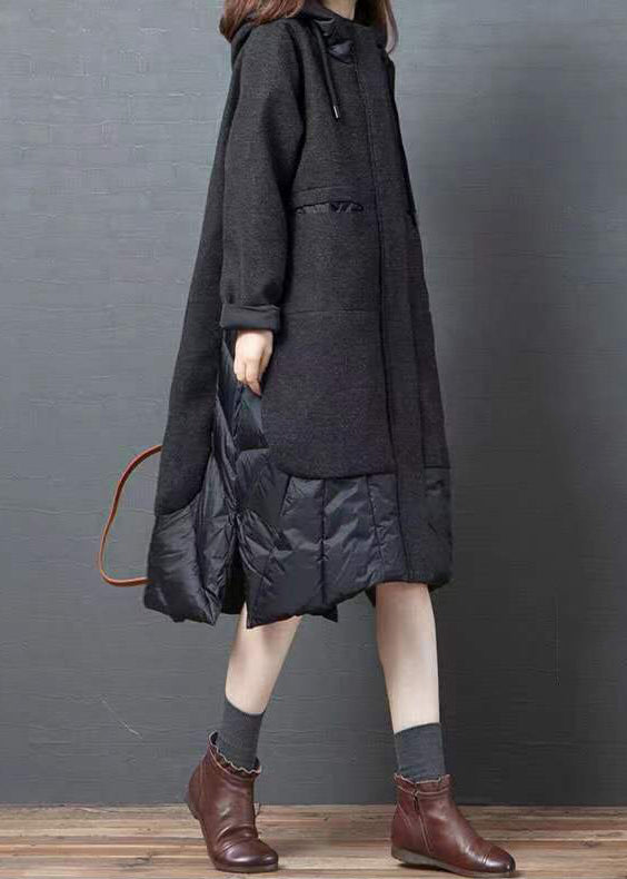Black Hooded Pockets Patchwork Thick Long Coat Winter