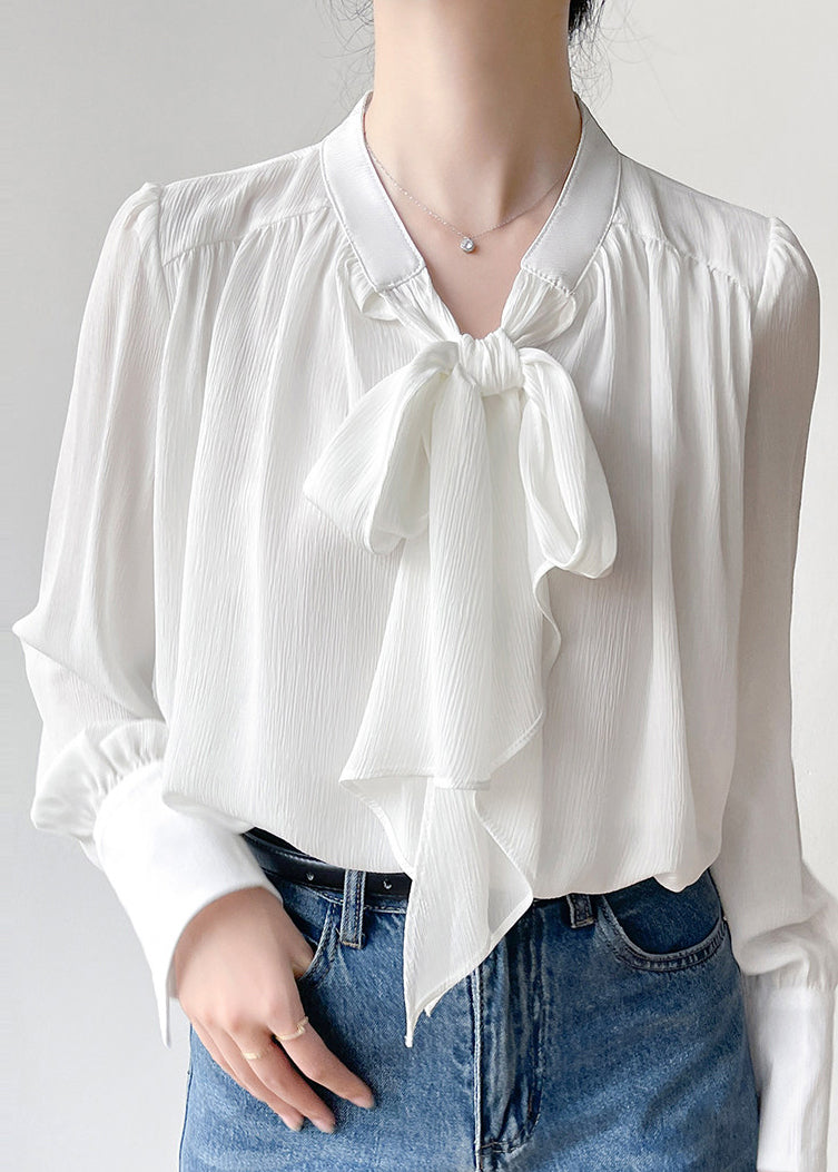 White Bow Draping Chiffon Tops Spring
