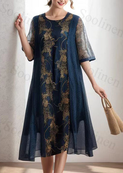 Handmade Royal Blue O-neck Print Silk Long Dress Summer
