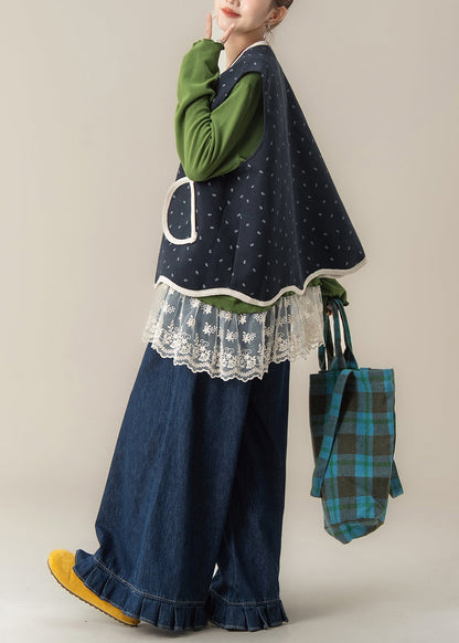 Navy Print Vest T Shirt and Pants Cotton Three Pieces Set Spring