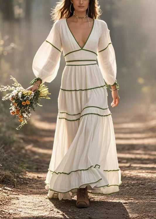 White V Neck Exra Large Hem Cotton Dresses Spring