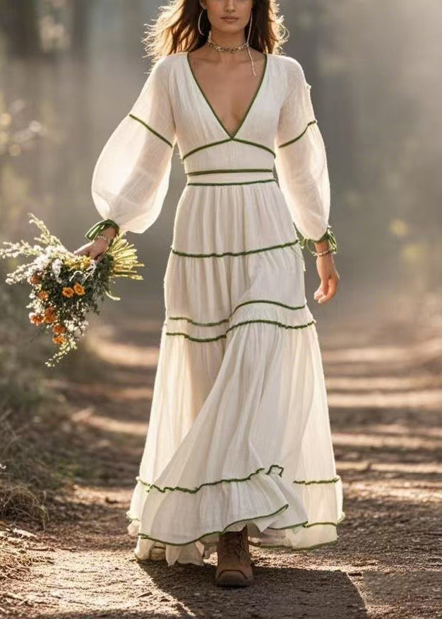 White V Neck Exra Large Hem Cotton Dresses Spring