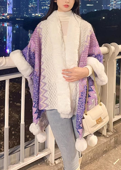 Purple V Neck Fuzzy Ball Patchwork Knit Cape Coats Spring