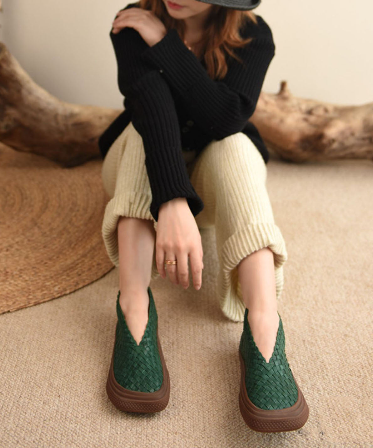 Handmade Green Sheepskin Splicing Comfortable Ankle Boots