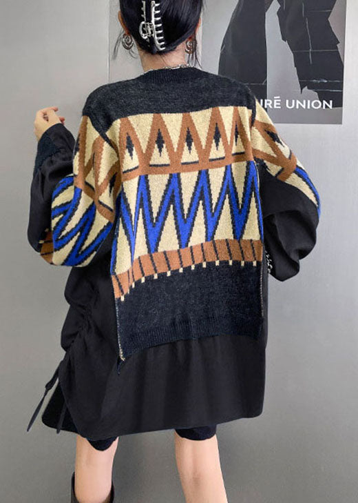 Diy Blue Knit Patchwork Denim Drawstring Fall Sweaters