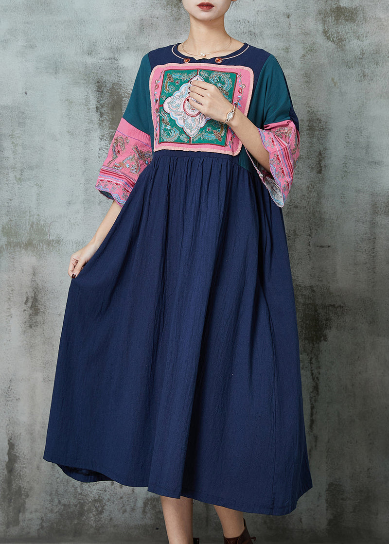 Style Navy Embroidered Patchwork Linen Dresses Summer