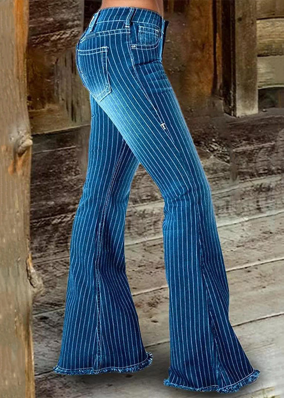 Stylish Blue Striped High Waist Denim Flare Bottoms Spring