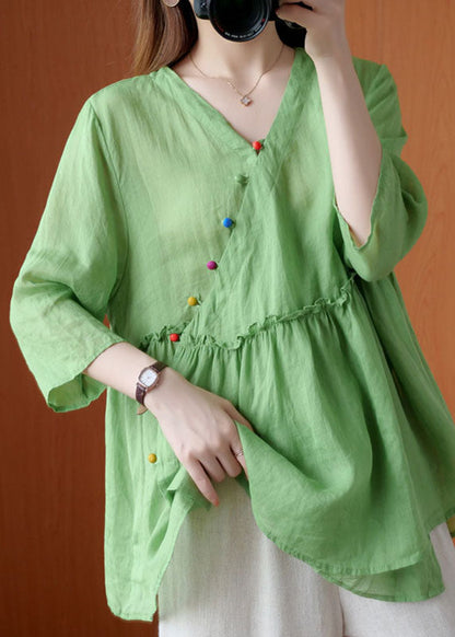 French Green V Neck Ruffled Asymmetrical Design Fall Half Sleeve Shirt