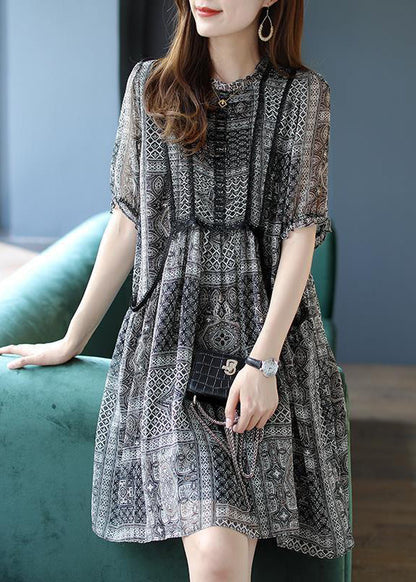 Black O-neck Ruffled Print Chiffon Party Dress Summer