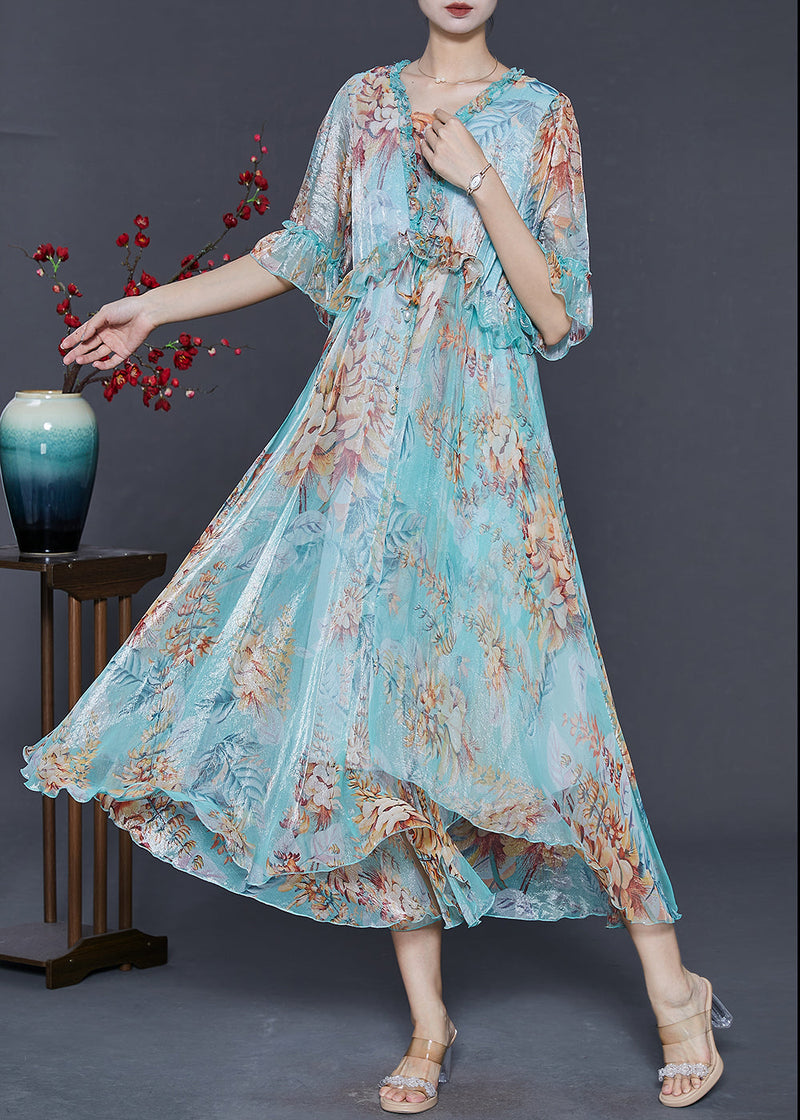 Blue Ruffled Print Silk Ankle Dress Summer