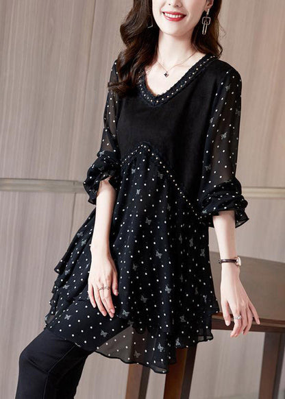 Black V Neck Dot Patchwork Layered Design Chiffon Tops Long Sleeve