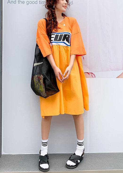 Orange White Patchwork Yellow O-neck Summer Graphic Half Sleeve Long Dresses