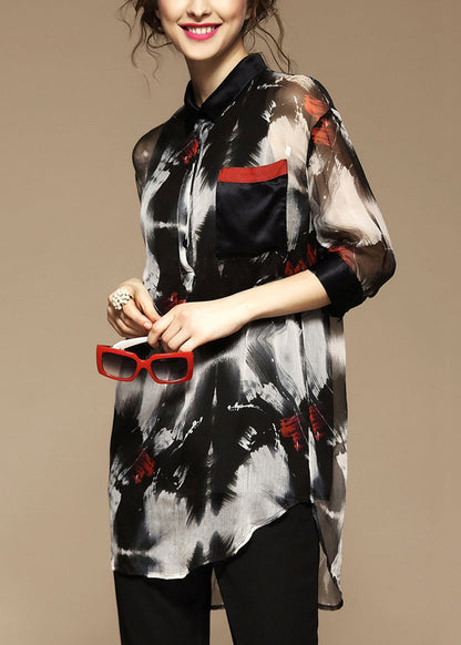 Stylish Peter Pan Collar Print Pockets Blouse Bracelet Sleeve Fall