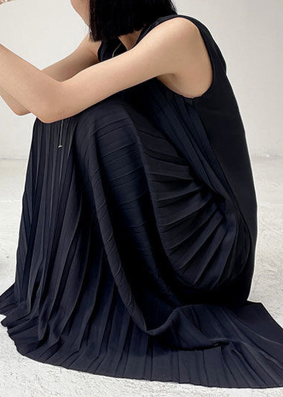 Black O-neck Wrinkled Chiffon Long Dress Summer