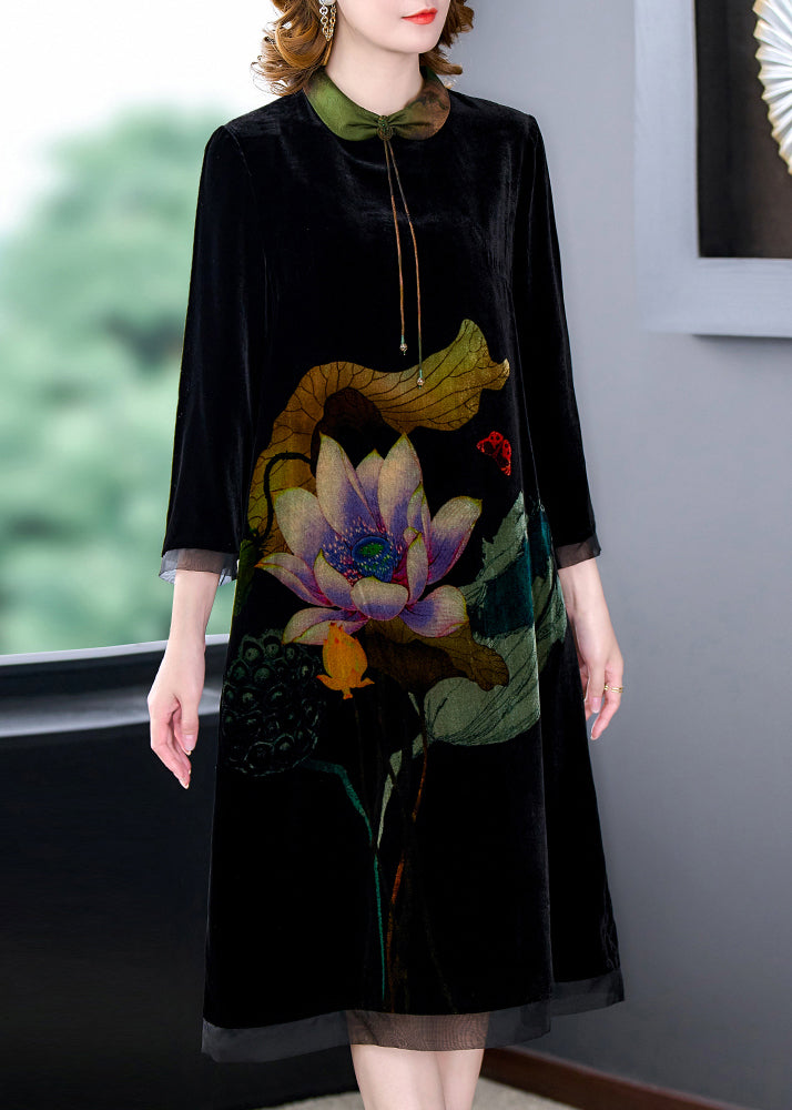 Green Tasseled Lotus Print Silk Velour Dress Bracelet Sleeve