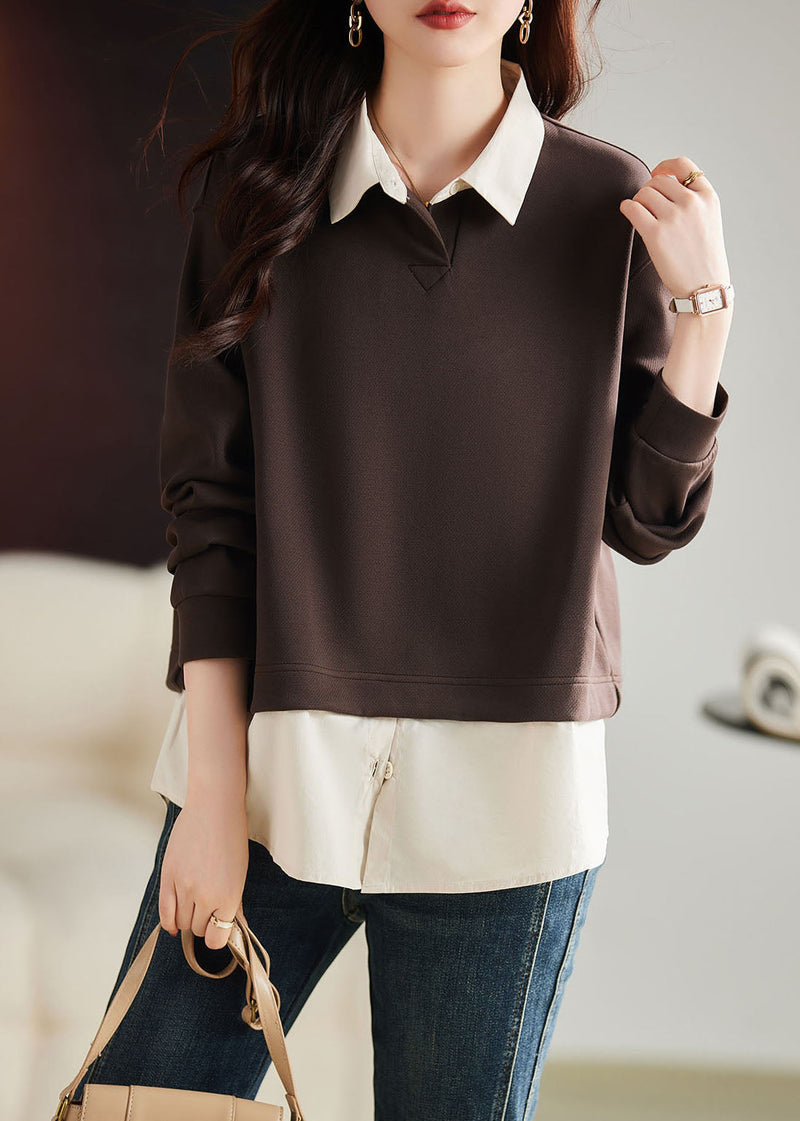 Coffee Peter Pan Collar Patchwork Fake Two Pieces Pullover Long Sleeve