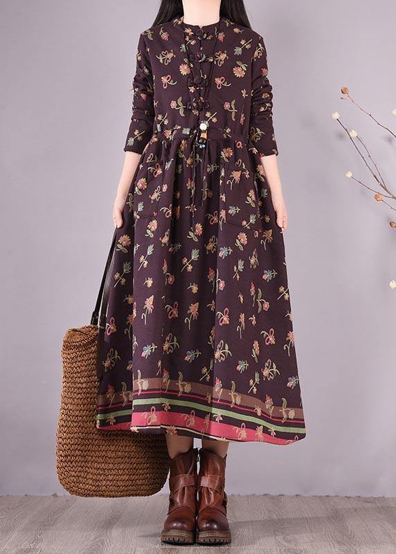 Simple Burgundy Print Dress Drawstring Spring Dresses