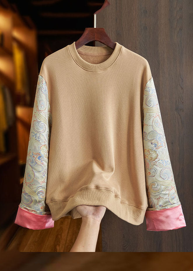 Loose Black O-neck Embroideried Patchwork Cotton Sweatshirt Long Sleeve