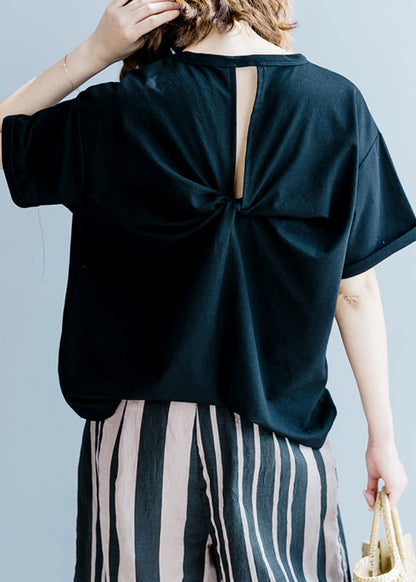 Organic Black O-neck Bow Cotton Tops Short Sleeve