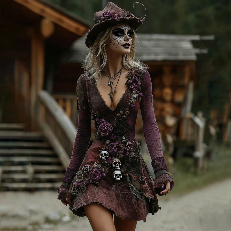 Comstylish Women's Halloween Rose Skull Witch Patchwork Midi Dress