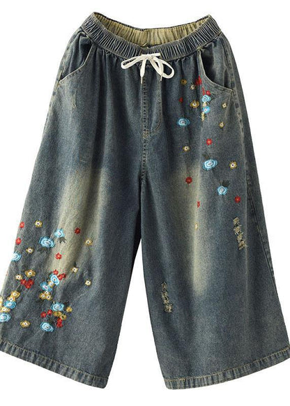 Comfy Grey Embroideried Wide Leg Denim Pants for