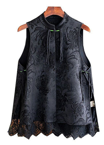 Black Tasseled Patchwork Lace Side Open Silk Vest Sleeveless