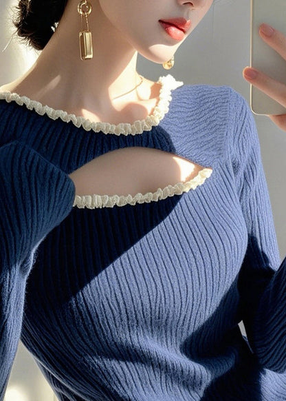 Blue Ruffled Hollow Out Knit Sweater Spring