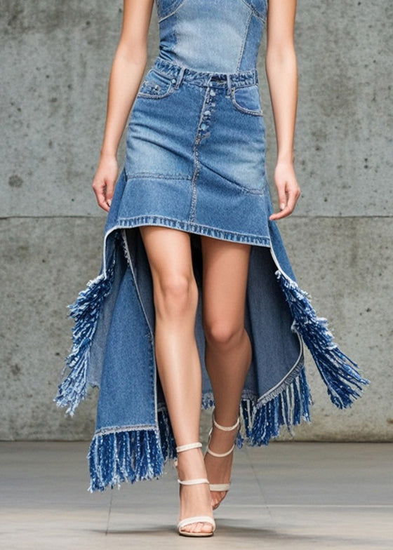 Blue Asymmetrical Tasseled Denim Skirts Fall
