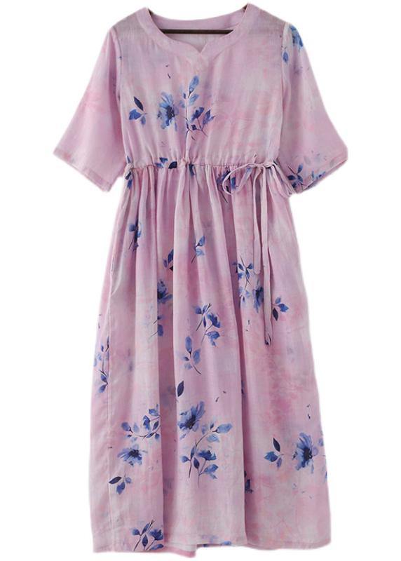 Pink Print Tie Waist Maxi Dresses Summer Ramie