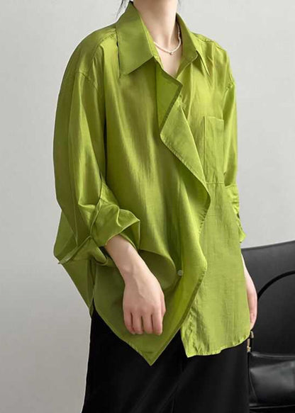 Modern Green Peter Pan Collar Patchwork Button Shirts Spring