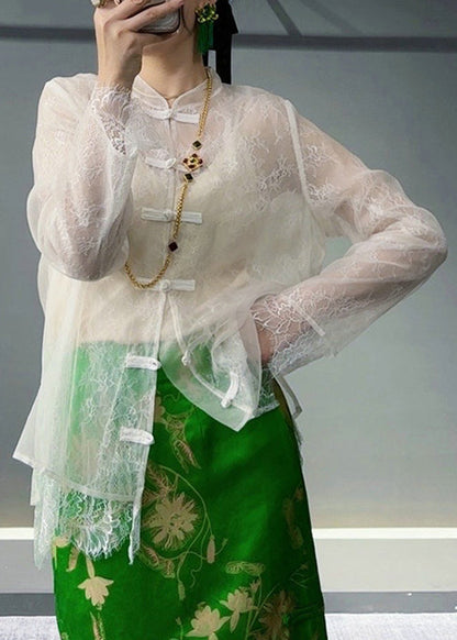 Unique White Button Lace Patchwork Tulle Shirt Fall