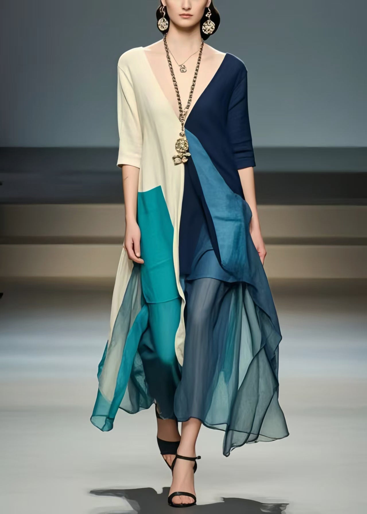 Colorblock Asymmetrical Patchwork Cotton Dresses Summer