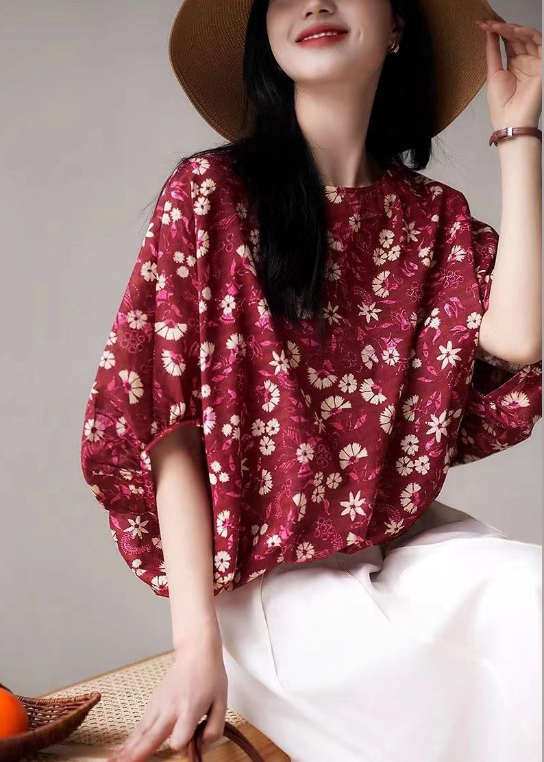 Red Print Lace Up Cotton T Shirt Half Sleeve