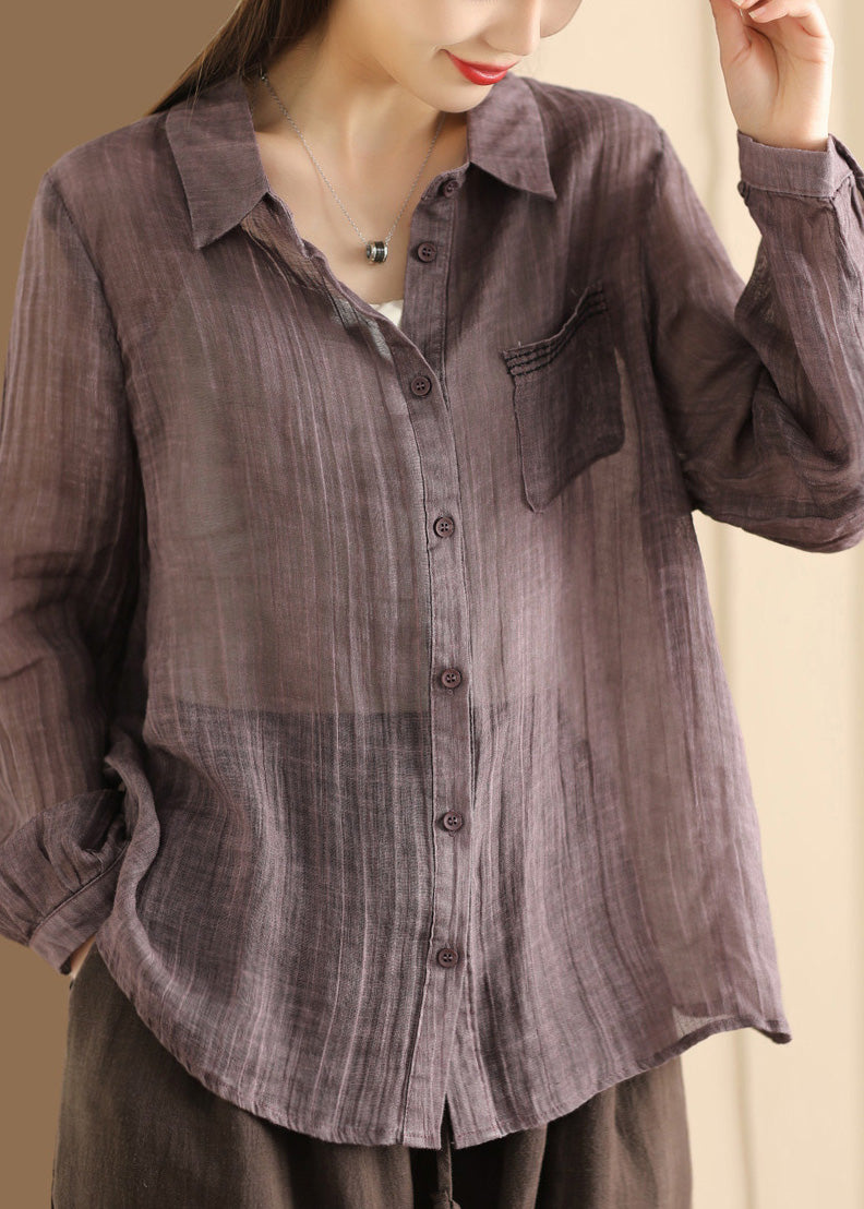 Yellow Peter Pan Collar Button Linen Blouses Long Sleeve