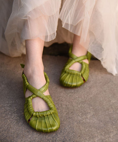 Splicing Sandals Green Cowhide Leather Hollow Out Cross Strap
