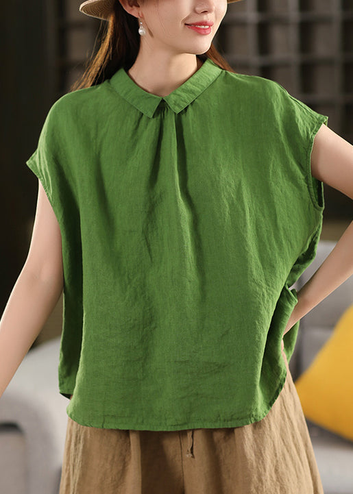 Loose Yellow Peter Pan Collar Button Linen Shirt Summer