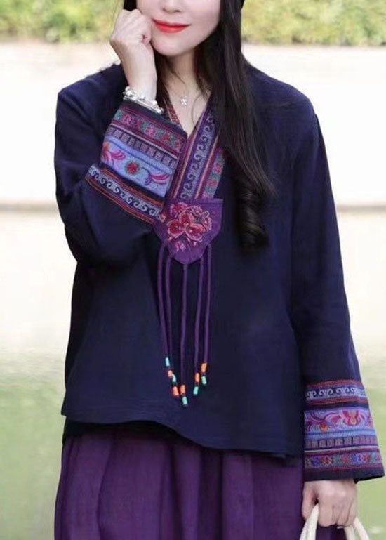 Organic Rose Tie Waist V Neck Embroideried Linen Shirt Spring