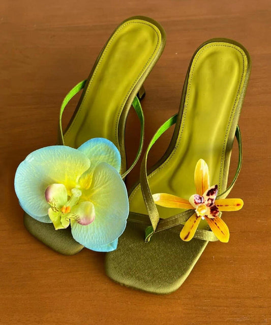 Handmade Green Asymmetrical Silk Stiletto Heels Flip Flops