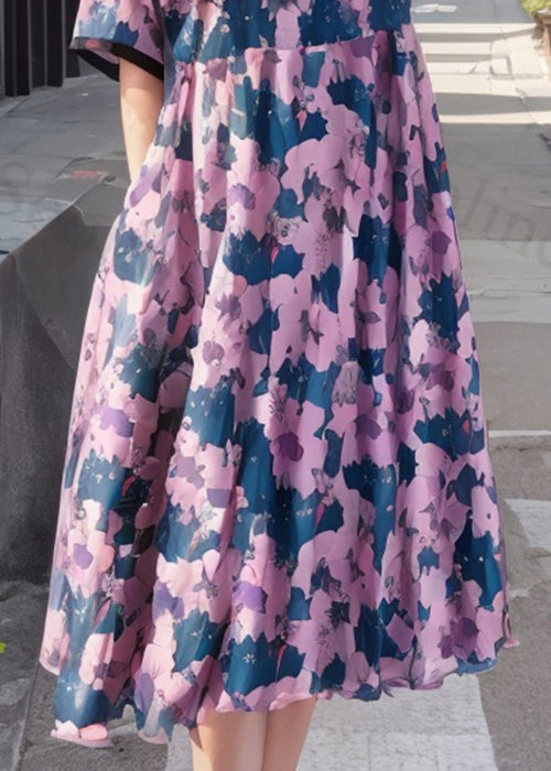 Loose Pink Print Pockets Silk Long Dress Summer