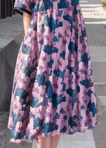 Loose Pink Print Pockets Silk Long Dress Summer