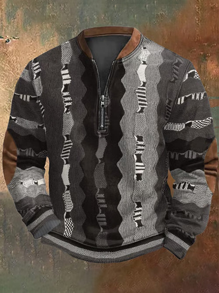 Men's Retro Western Textured Print Zip Collar Sweatshirt artswardrobe