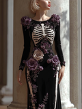 Comstylish Halloween Theme Lady Round Neck Fitted Velvet Long Dress