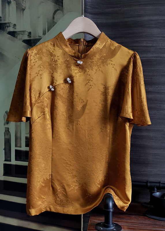 Caramel Stand Collar Patchwork Silk Tops Short Sleeve