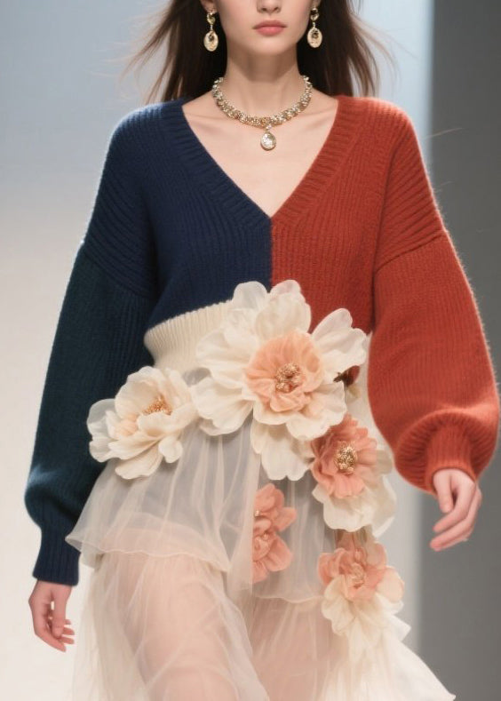 French Colorblock V Neck Tulle Patchwork Knit Dress Fall
